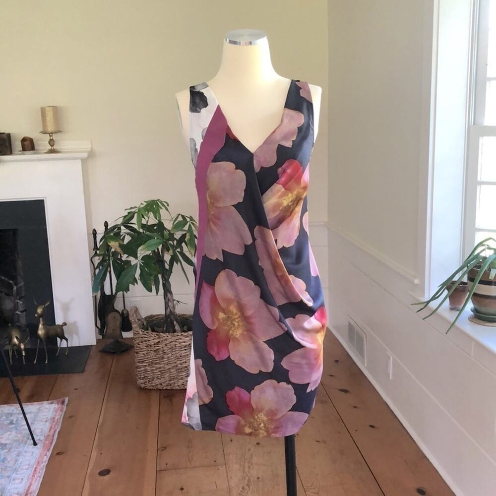 RACHEL Rachel Roy Floral Mini Dress XS Faux Wrap V-Neck Navy Pink Worn Once